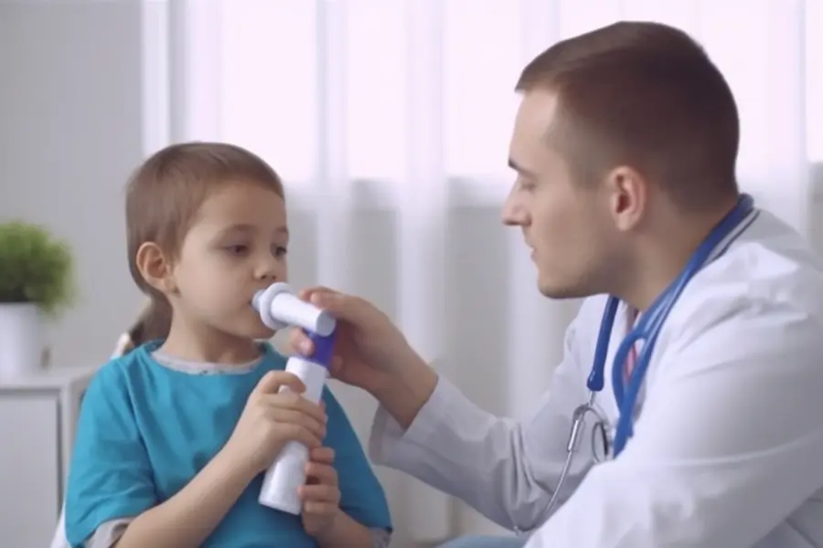 bambino con asma e dottore